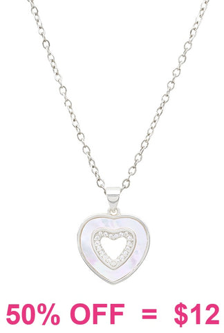 Pearl & Bling trim heart dainty silver necklace