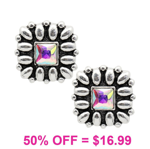 Western Square Flower Concho w/Bling Stud Earrings