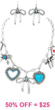 Silver Charm necklace with bows, hearts and cards