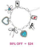 Charm bracelet with bows, hearts, cards