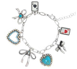 Charm bracelet with bows, hearts, cards