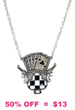 Silver necklace with royal flush, pistols, club