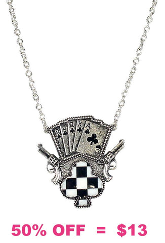 Silver necklace with royal flush, pistols, club