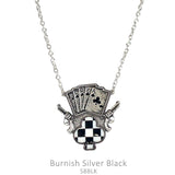 Silver necklace with royal flush, pistols, club