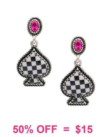 Checkered spade earrings  with pink stone