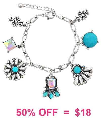 Silver, Turquoise, and Bling Multi Charm Bracelet