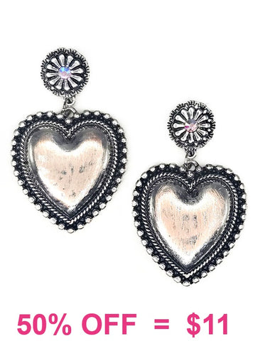 Silver burnished heart dangle earrings