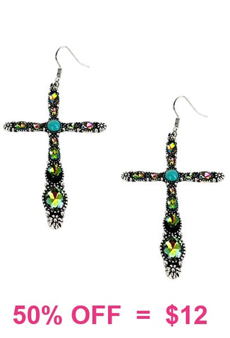Multi Color Bling Cross with turquoise stone earrings