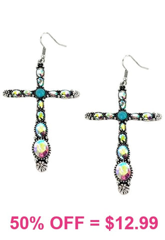 Bling Cross with turquoise stone earrings