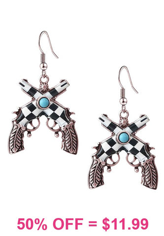 Checkered double pistol earrings - silver tone with Turquoise stone