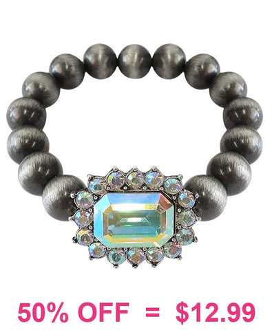 Silver Navajo pearl beaded stretch bracelet with Bling Rhinestone