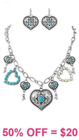 Turquoise, Heart, Keys charm necklace