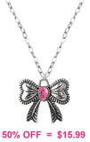 Silver Bow necklace with pink center stone