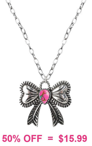 Silver Bow necklace with pink center stone