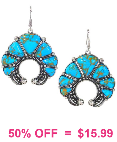 Turquoise Stone Silver Squash Blossom Earrings