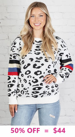 Warm White Leopard Sweater with Red Blue stripe sleeves