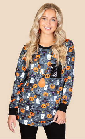 Halloween long sleeve top w/ sequin pocket