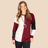 Maroon, Cream Leopard, Black sequin top