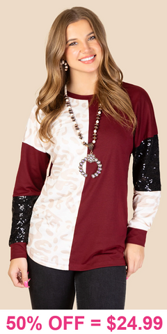 Maroon, Cream Leopard, Black sequin top