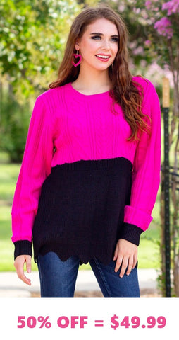 Pink and Black Cable knit sweater with jagged hem