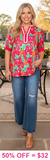 Pink Floral Blouse With Stripe V-Neck