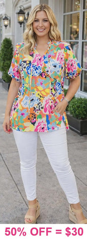 Orange, Floral, Tie Neck Blouse