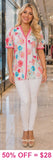 Light pink floral blouse with stripe trim