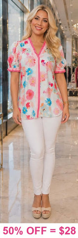 Light pink floral blouse with stripe trim