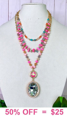 Pink & MULTI Beaded 3 Layer Necklace gold tone, with BLING GEM Oval Pendant