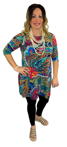 SMALL : Turquoise, Mustard, Pink Paisley Flutter Long Tunic/Dress