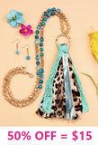 Crystal beaded necklace with gold ring and leopard tassel