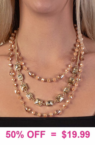Gold Champagne 3 Layer crystal beaded necklace