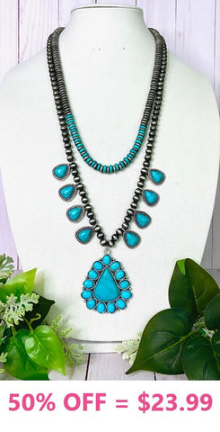 Silver Navajo Pearl Double Strand Necklace with Turquoise triangle pendants