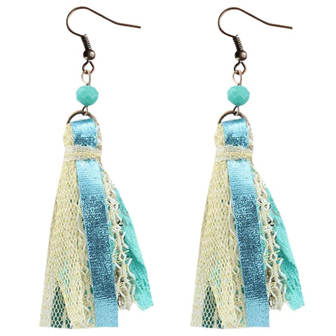 Turquoise fabric tassel earrings