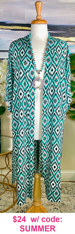 Turquoise Mauve,  Black & White Tribal Duster Kimono