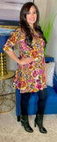 S/M : Magenta Floral & Leopard Flutter Tunic