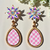 Pink Checkered teardrop earrings with bling post