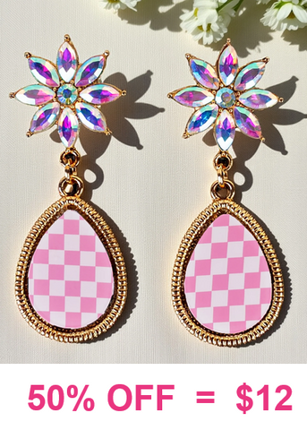 Pink Checkered teardrop earrings with bling post