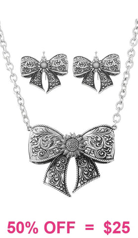 Silver Bow Necklace with Earrings