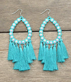 Large Gala Turquoise Bling Teardrop Outline Earrings with Tassels