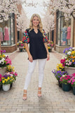 3X Colorful embroidery sleeve Black blouse