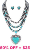 3 Strand silver necklace with Turquoise heart pendant & earrings