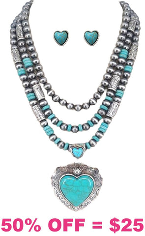 3 Strand silver necklace with Turquoise heart pendant & earrings