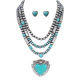 3 Strand silver necklace with Turquoise heart pendant & earrings