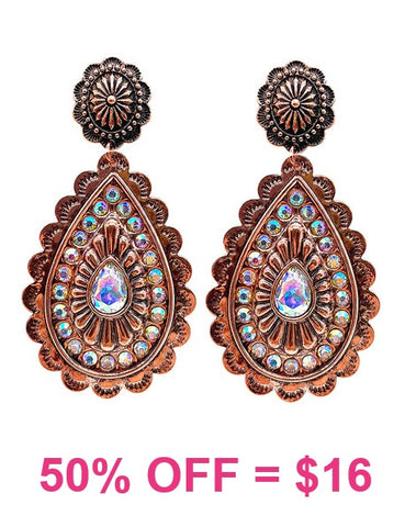 Copper Teardrop concho earrings with Bling Rhinestones