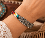 Silver cactus design, Colorful beaded, stretchy section bracelet