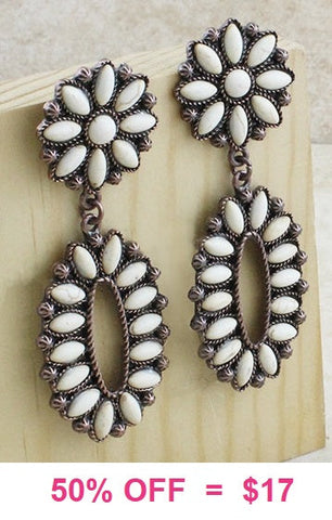 Cream Flower Concho Post Earrings with Oval Dangle Concho pendant