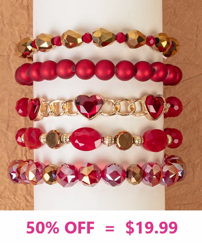 Red & Gold Heart Bling & Crystal beaded 5 piece bracelet set