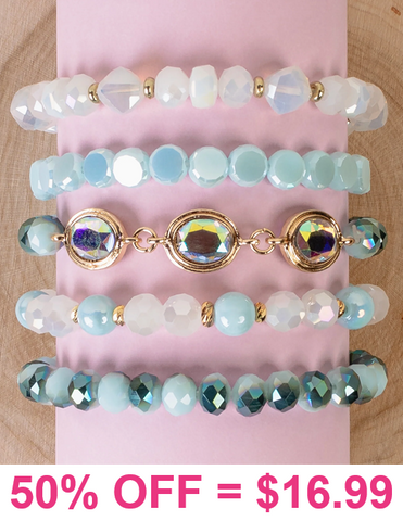 Blue crystal & rhinestone gem stretch bracelet set