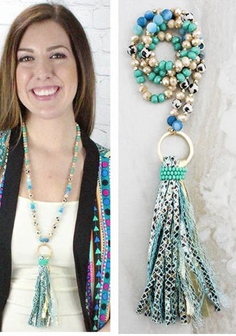 Turquoise & Cheetah beaded necklace with gold ring and tassel